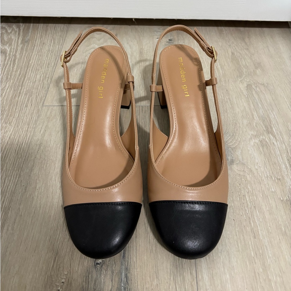 Madden Girl Tan and Black Heels with Slingback Design